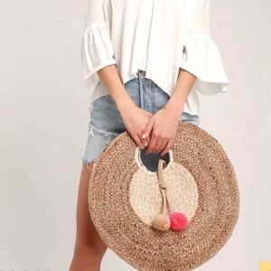 Lulus Round Straw Tote with Pom Poms